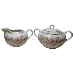 Antique PK Silesia Creamer and Covered Sugar Bowl Floral Rose Gold‎ Trim Poland